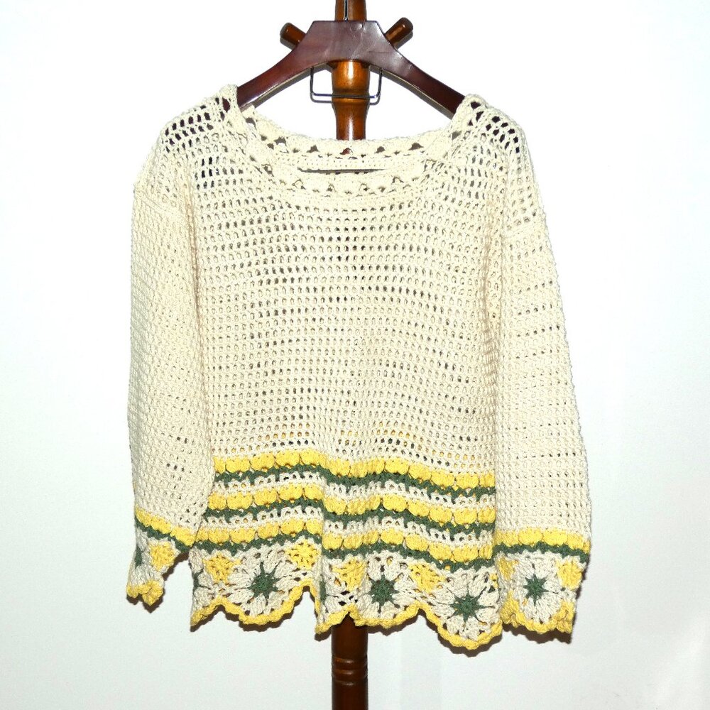 New Handmade Crochet Mesh Sweater Size L/XL Ecru Yellow Green Cotton